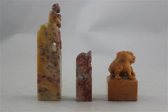 Three Chinese soapstone seals, 6.5 - 12.5cm